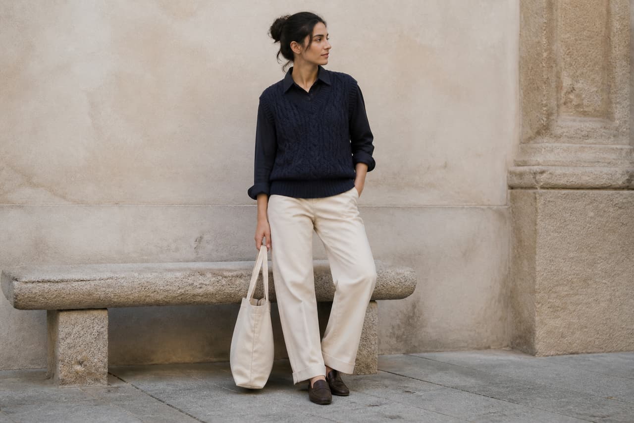 Mujer con chaleco de punto azul marino, camisa clara y pantalón crema sentada en un banco.