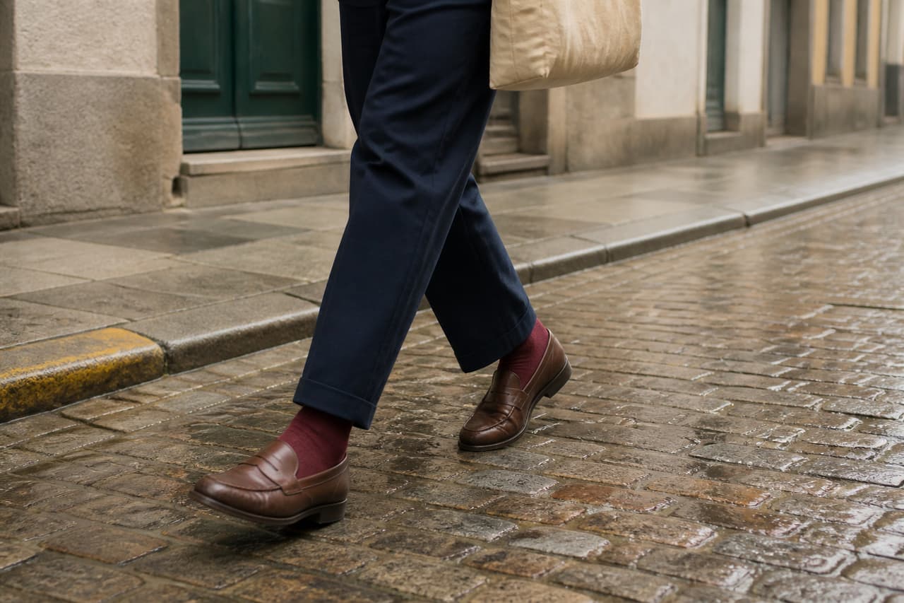 Persona con pantalón azul marino, calcetines color vino y mocasines caminando sobre adoquines mojados.
