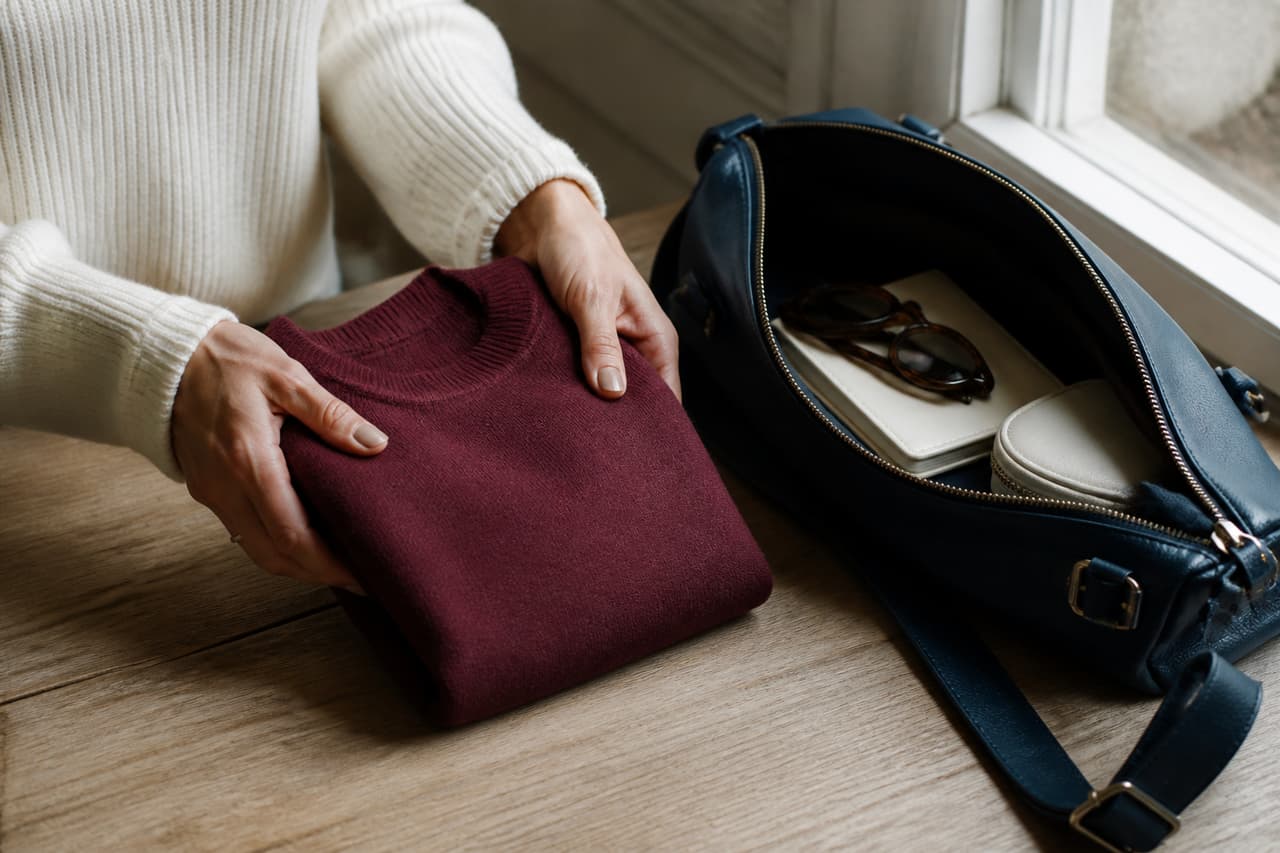 Forma compacta de doblar un jersey fino sin llenar ni deformar el bolso.