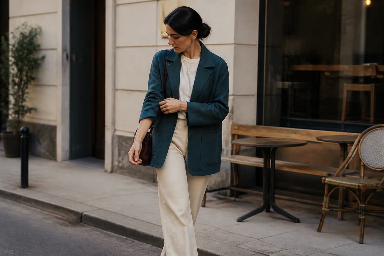 Mujer con chaqueta azul verdosa, pantalón claro y bolso color vino junto a una cafetería.