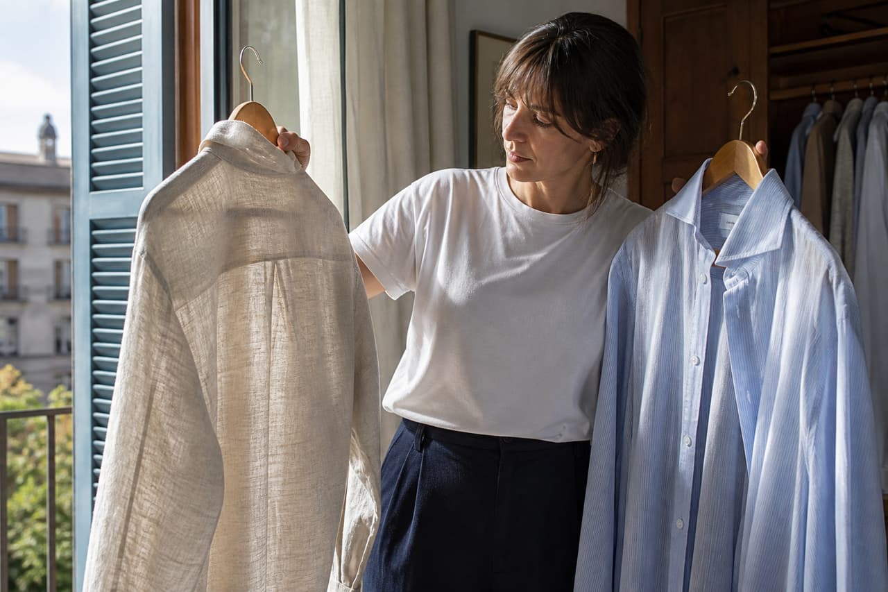 Mujer comparando a contraluz una camisa de lino crudo y otra de algodón azul.