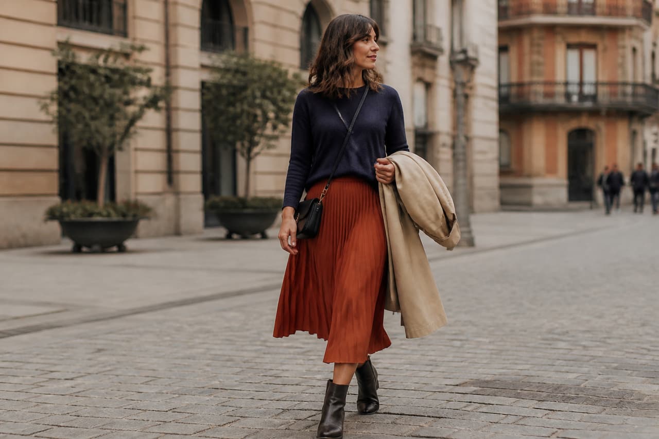 Mujer caminando con falda plisada color teja, jersey azul marino y botines.