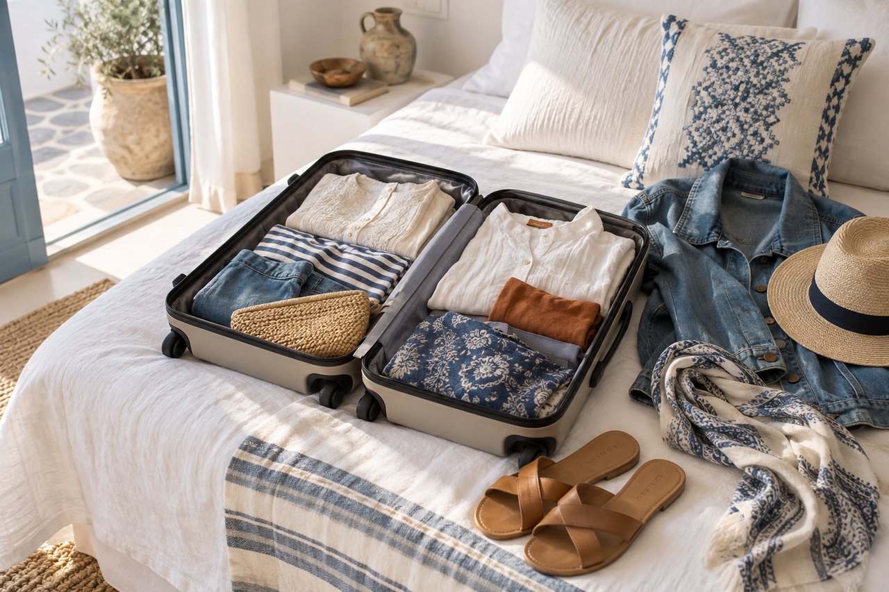 Maleta compacta con prendas ligeras combinables, sandalias, pañuelo y chaqueta para un viaje por Grecia.