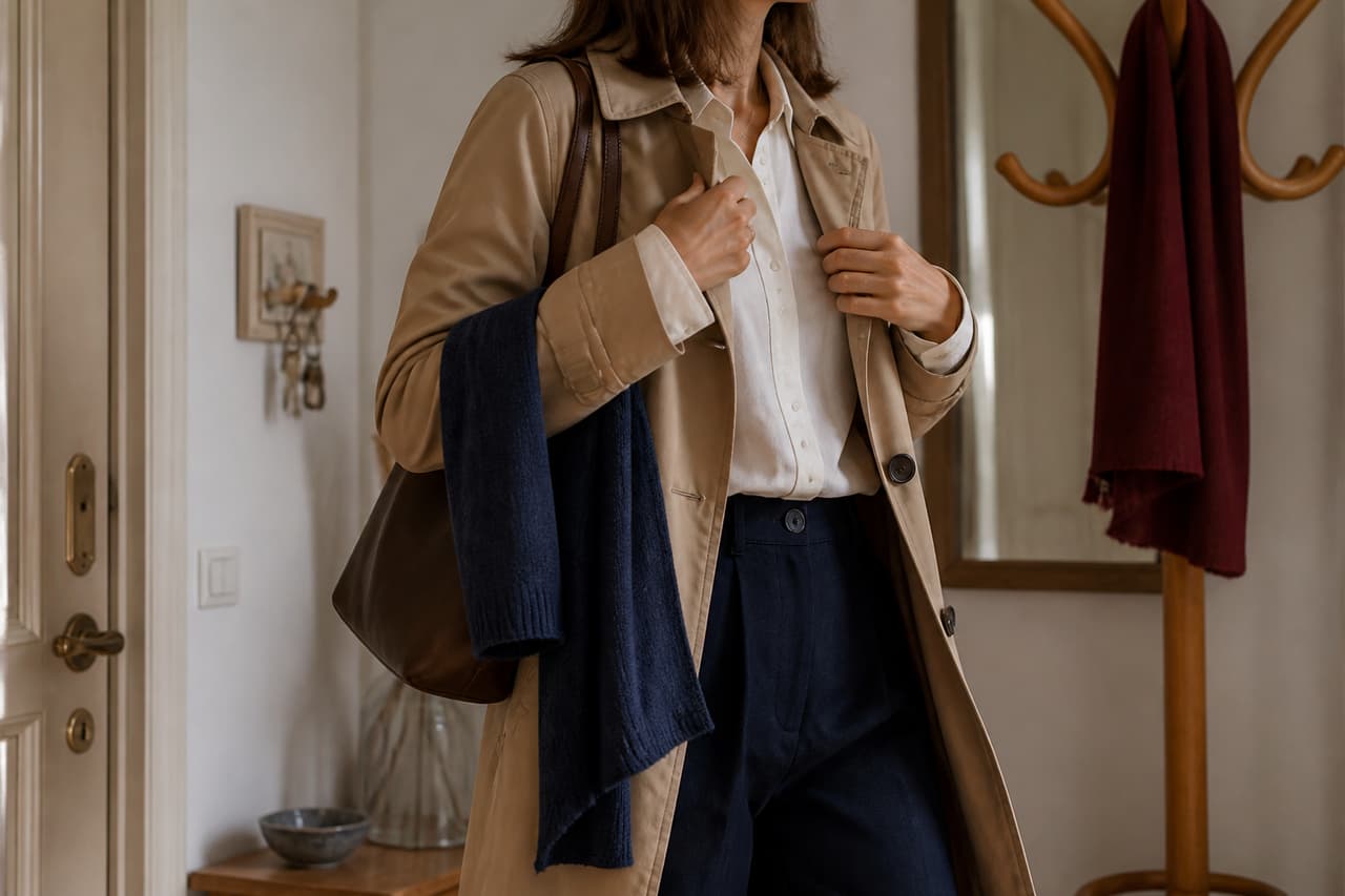 Mujer con gabardina color camel, camisa blanca y pantalón azul marino preparándose para salir.